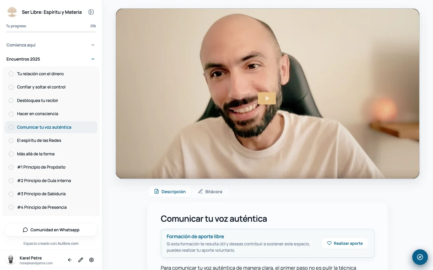 Reproductor de lecciones en Mi Aula con temario lateral y bitácora de notas