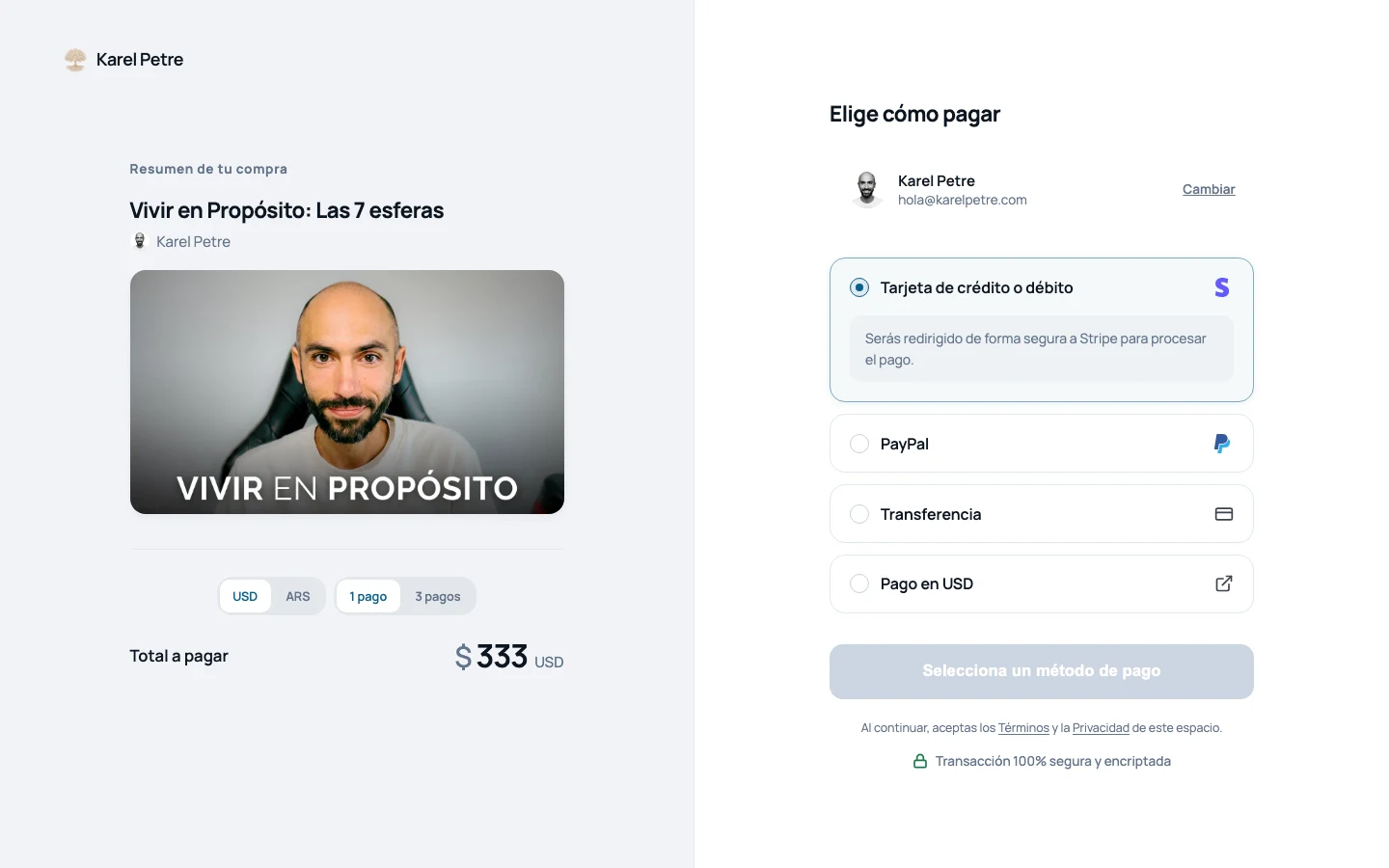 Pantalla de cobro directo y checkout en Aulibre con opciones de pago sin intermediarios